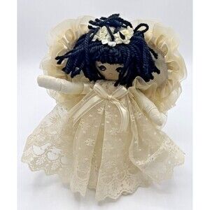 Vintage Air Freshner Angel Doll Handmade Lace & Ruffles, Black Hair Brown Eyes